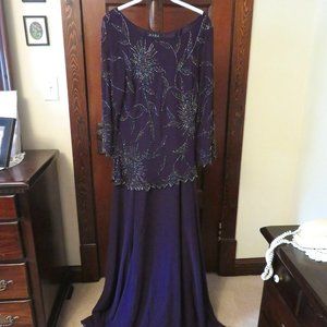 J Kara Three-Quarter Sleeve Beaded Dress Plum
